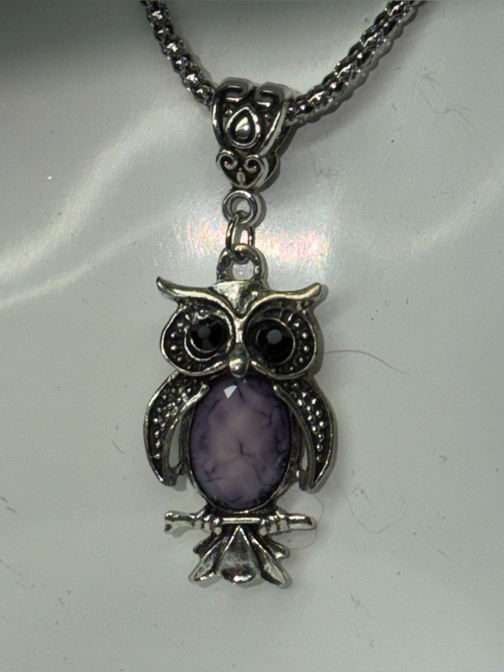 Silver Tone Owl Pendant Necklace with Purple Center
